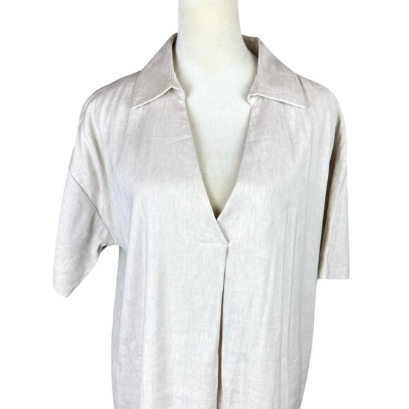 Preston & York Neutral Tan Linen Blend V-neck Collared Knee Length Shift Dress - Picture 4 of 11
